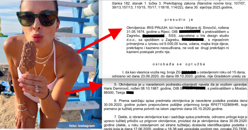 Bivša cura Tarika Filipovića, udana majka trojice sinova Iris Pinjuh, oslobođena na sudu, priznala kako je njezin auto u vrijeme prekršaja vozio 36-godišnji Mostarac Haris