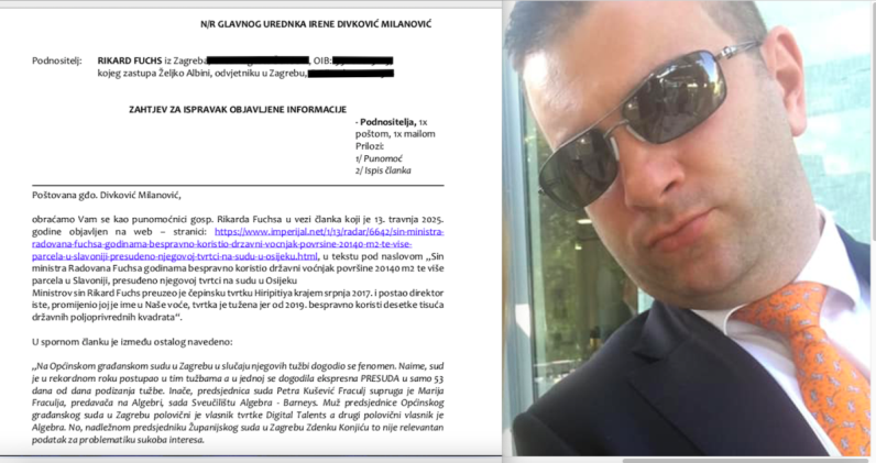 Rikard Fuchs ističe da nisu istinite informacije u članku „Sin ministra Radovana Fuchsa godinama  bespravno koristio državni voćnjak površine 20140 m2 .....'