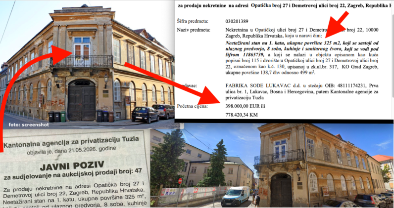 Cijeli kat palače bivšeg gradonačelnika na Gornjem gradu u Zagrebu početne cijene od samo 398.000 € (8-sobni stan površine 398 m2)  prodaje Agencija Tuzlanskog kantona