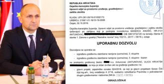 'Županova supruga na svim osobnim dokumentima ima prezime Anušić, no zbog neažurnosti sustava zemljišnih knjiga ono nije promijenjeno'; ima i uporabnu dozvolu